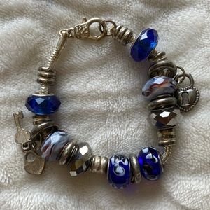 Blue beaded key and lock charm bracelet